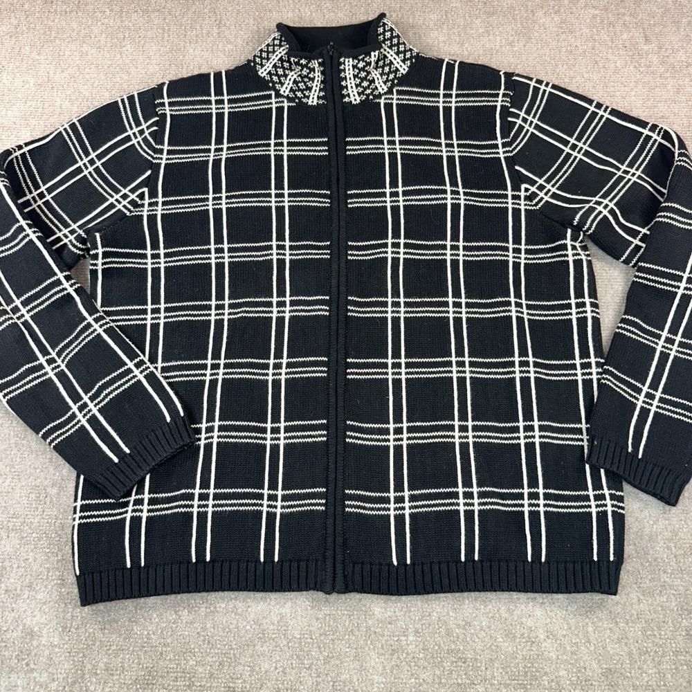 Talbots Black White Windowpane Plaid Full Zip Cardigan Sweater Mock Neck Medium